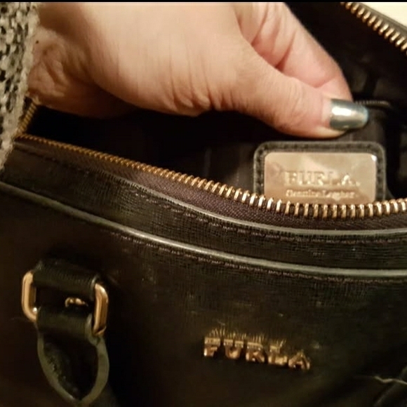 Furla Black - Brown Saffiano Leather Handbag - Italian Designer Gold Hardware - Picture 3 of 9